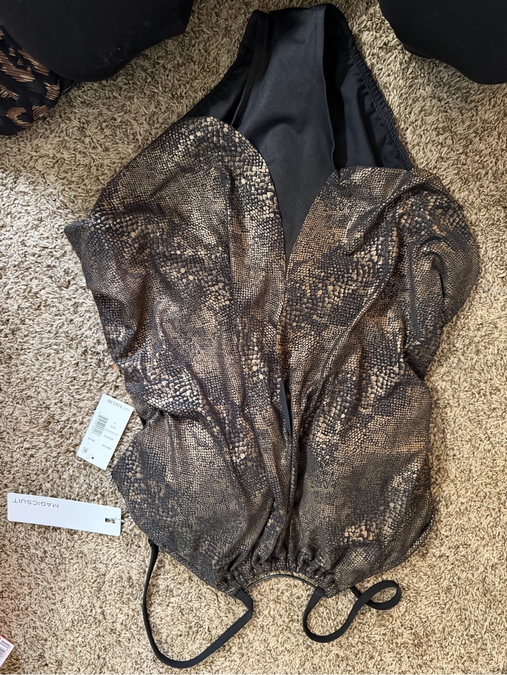 Magicsuit Metallic Gold and Black Snake-Print Halter Bodysuit